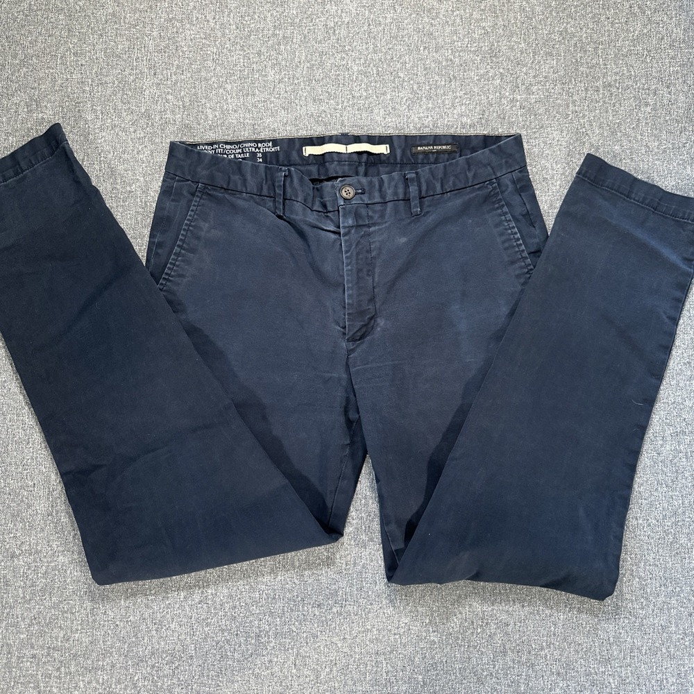 Banana Republic Skinny Chino Pants Mens 35x34 Navy Blue Slim Casual Denim - Picture 2 of 8